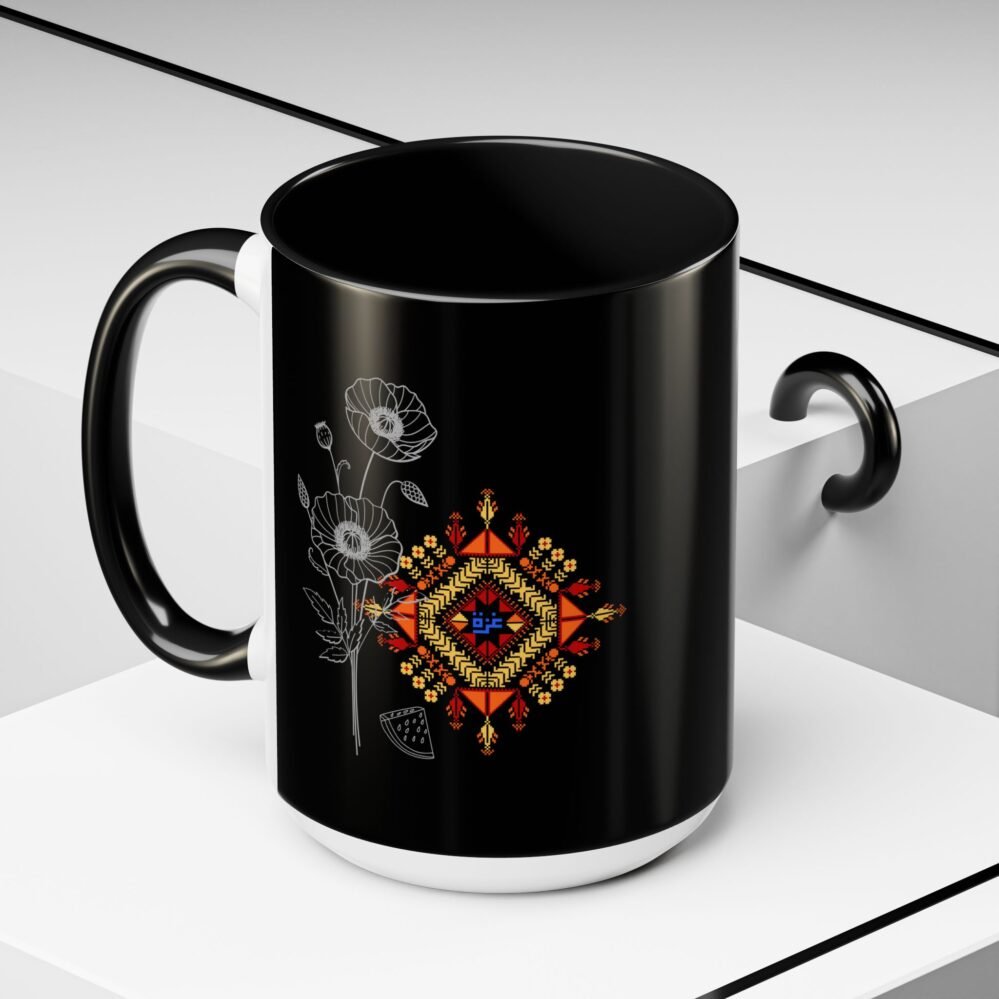 Tatreez Motif and Poppy Outline Mug | Palestinian Embroidery Inspired Design | Cultural Art Cup