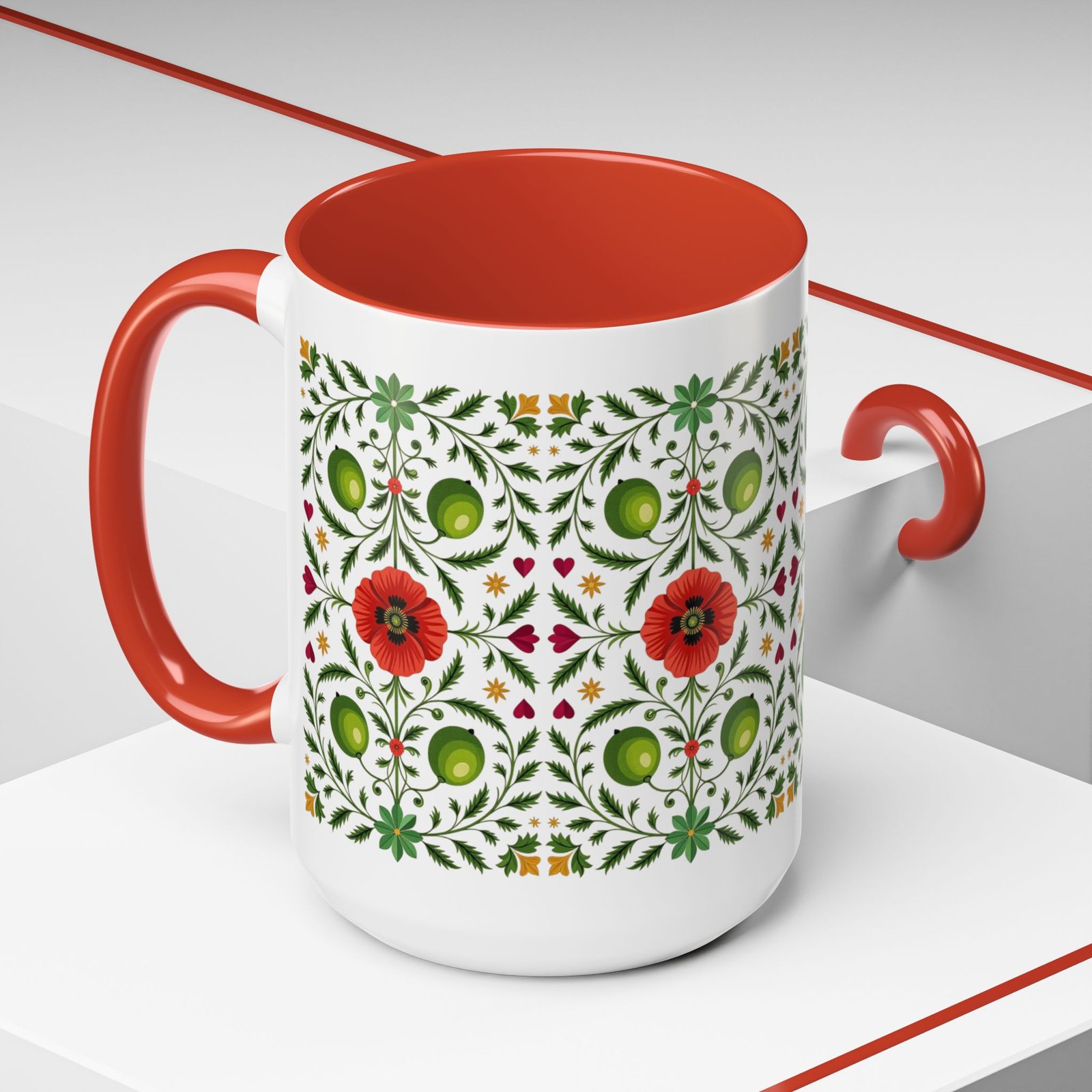 Mug, Palestinian Poppy and Olive Branch Coffee Cup, Traditional Tatreez Style, Cultural Heritage Tea Mug, Arabic Kitchen Decor, Middle - Image 4