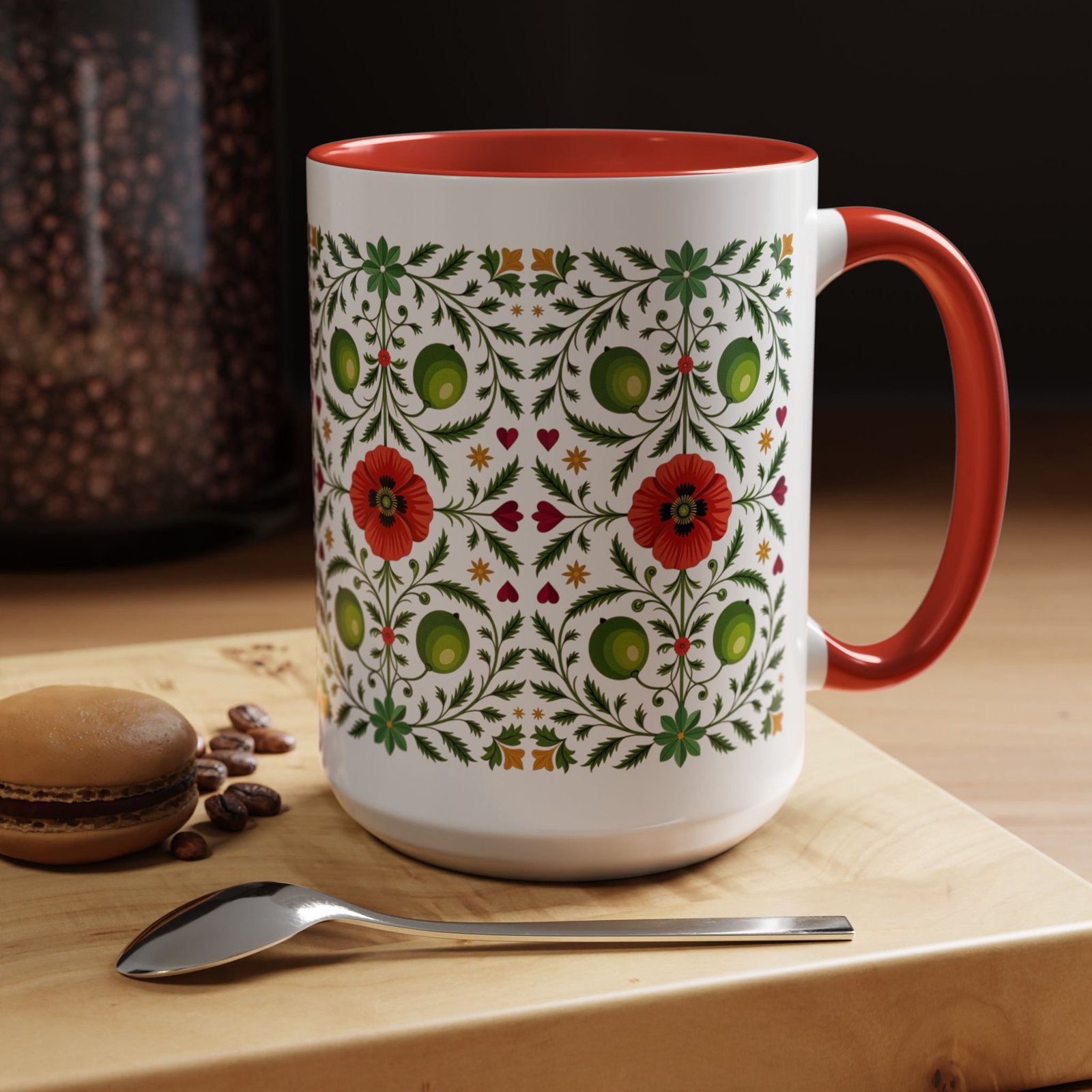 Mug, Palestinian Poppy and Olive Branch Coffee Cup, Traditional Tatreez Style, Cultural Heritage Tea Mug, Arabic Kitchen Decor, Middle - Image 5