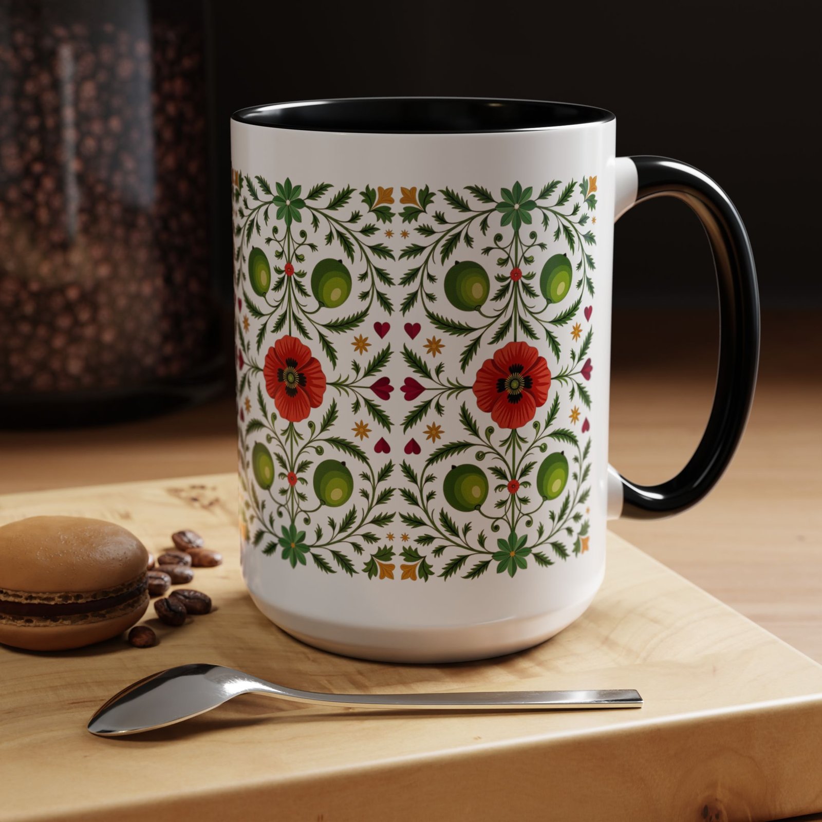 Mug, Palestinian Poppy and Olive Branch Coffee Cup, Traditional Tatreez Style, Cultural Heritage Tea Mug, Arabic Kitchen Decor, Middle - Image 6