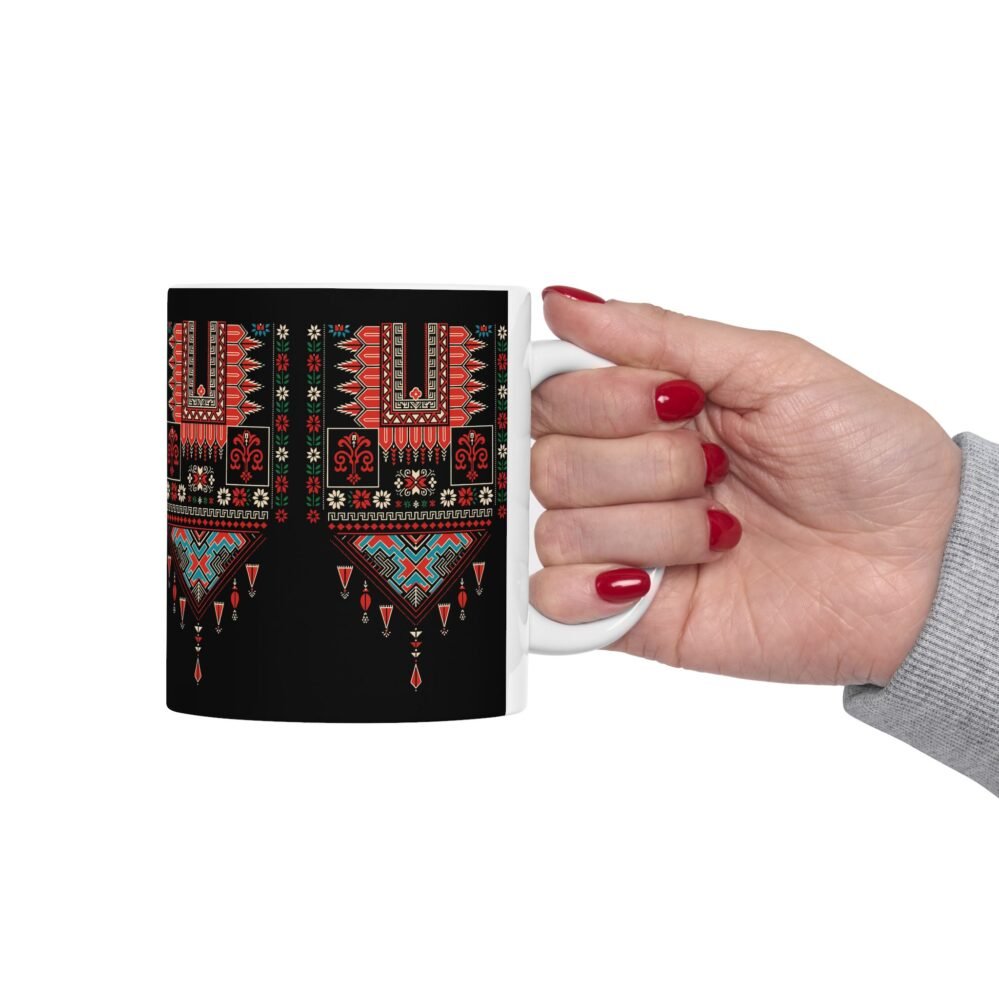 Palestine Tatreez Embroidery Mug, Cultural Palestinian Art Coffee Cup, Heritage Style Ceramic Gift for Supporters, Traditional Folk Pattern,