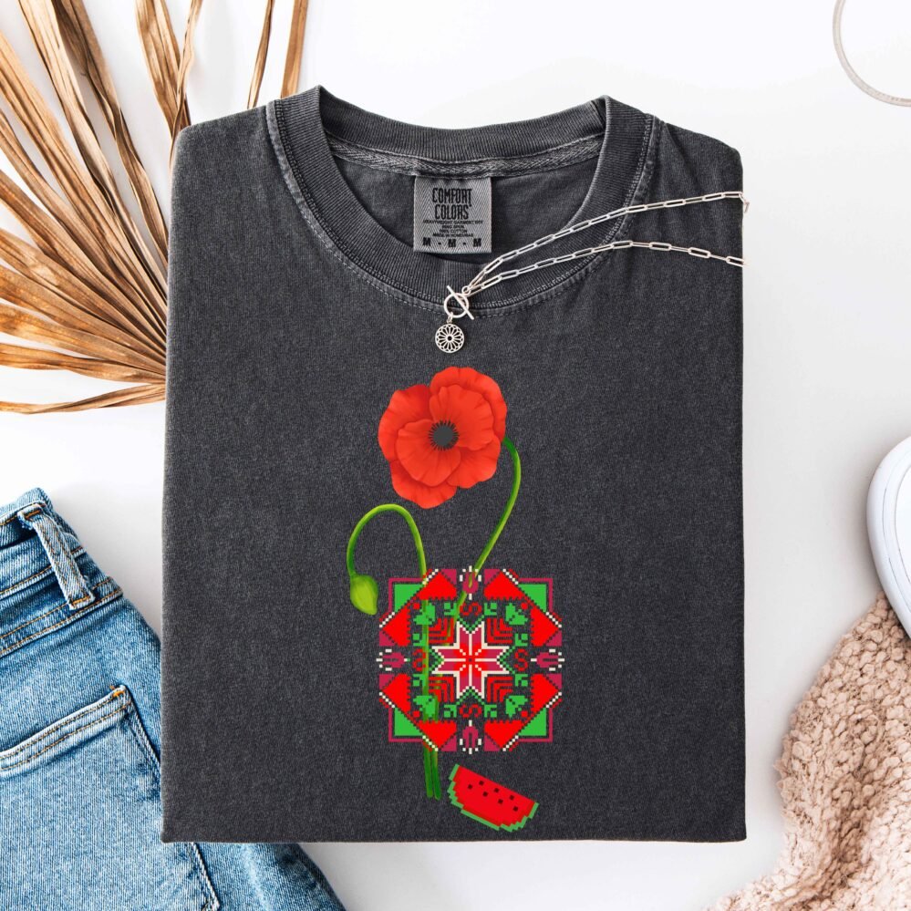 Palestinian Poppy flower tatreez in style T-Shirt | Watermelon and Tatreez Pattern Art | Cultural Resistance Design | Palestine Heritage Gift Tee, Unisex
