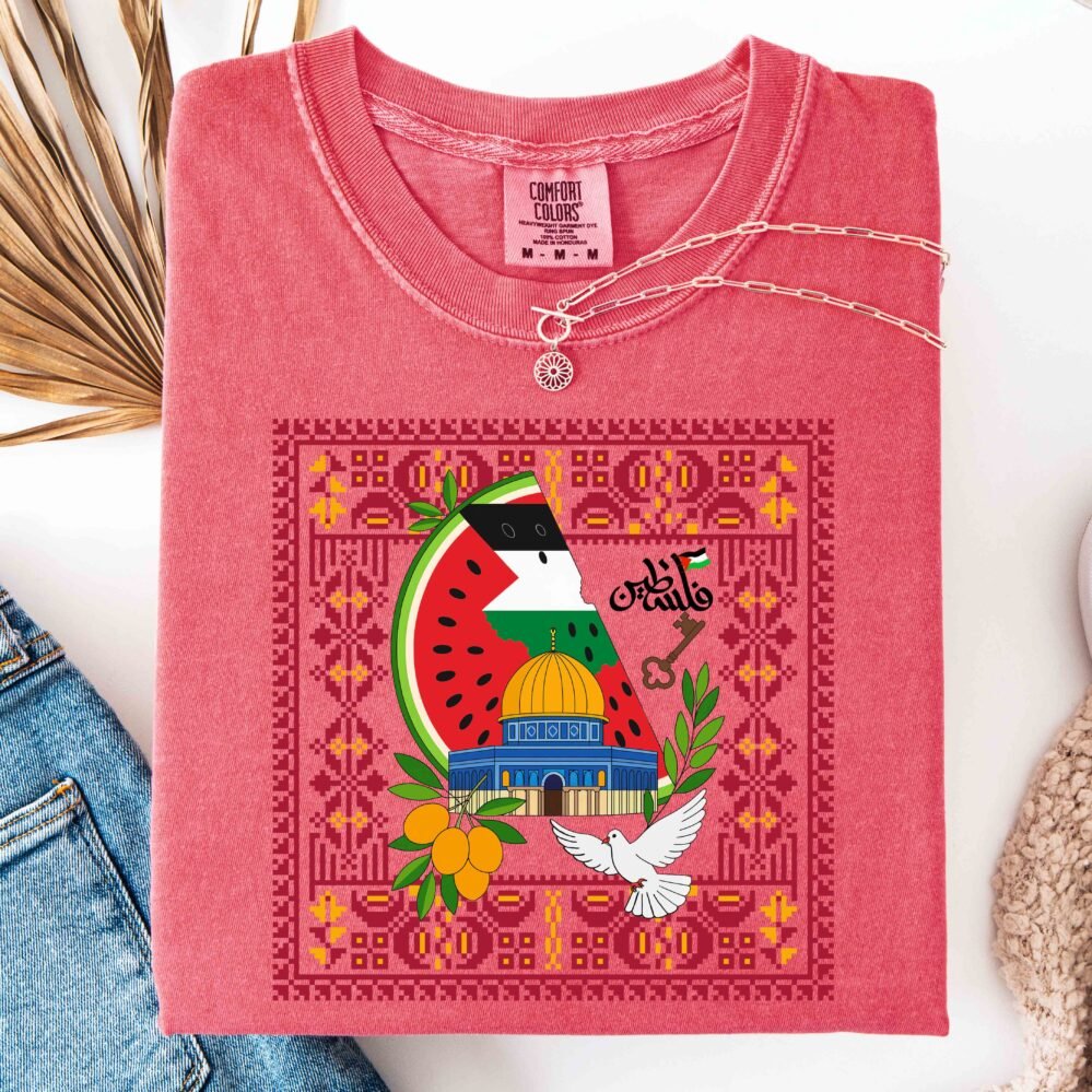 Palestine Map Tatreez Inspired T-Shirt | Dove Olive Branch Poppy Key of Return Watermelon Print, Unisex Jersey Tee