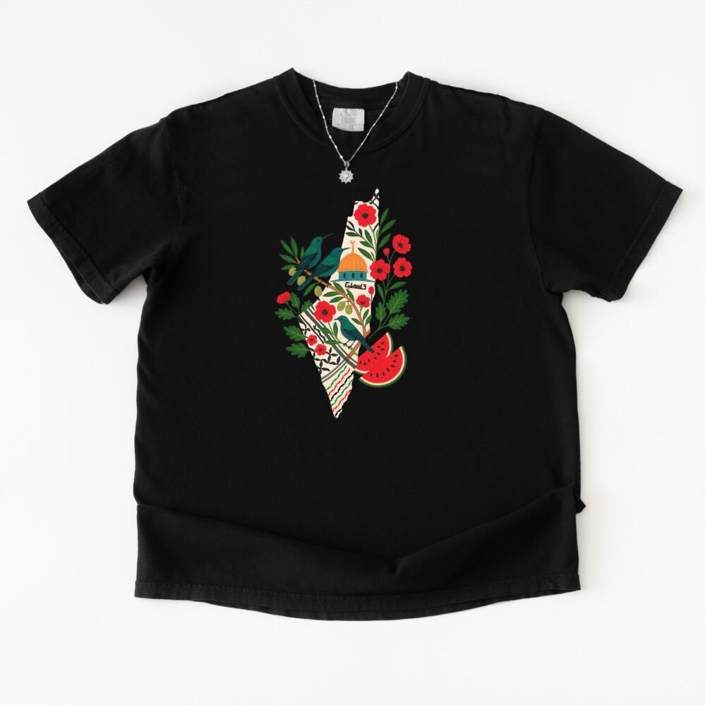 Palestine Map T-Shirt | King Bird and Olive Branch Design | Poppy Flower & Watermelon Symbol Print | Free Palestine Unisex Tee | Cultural