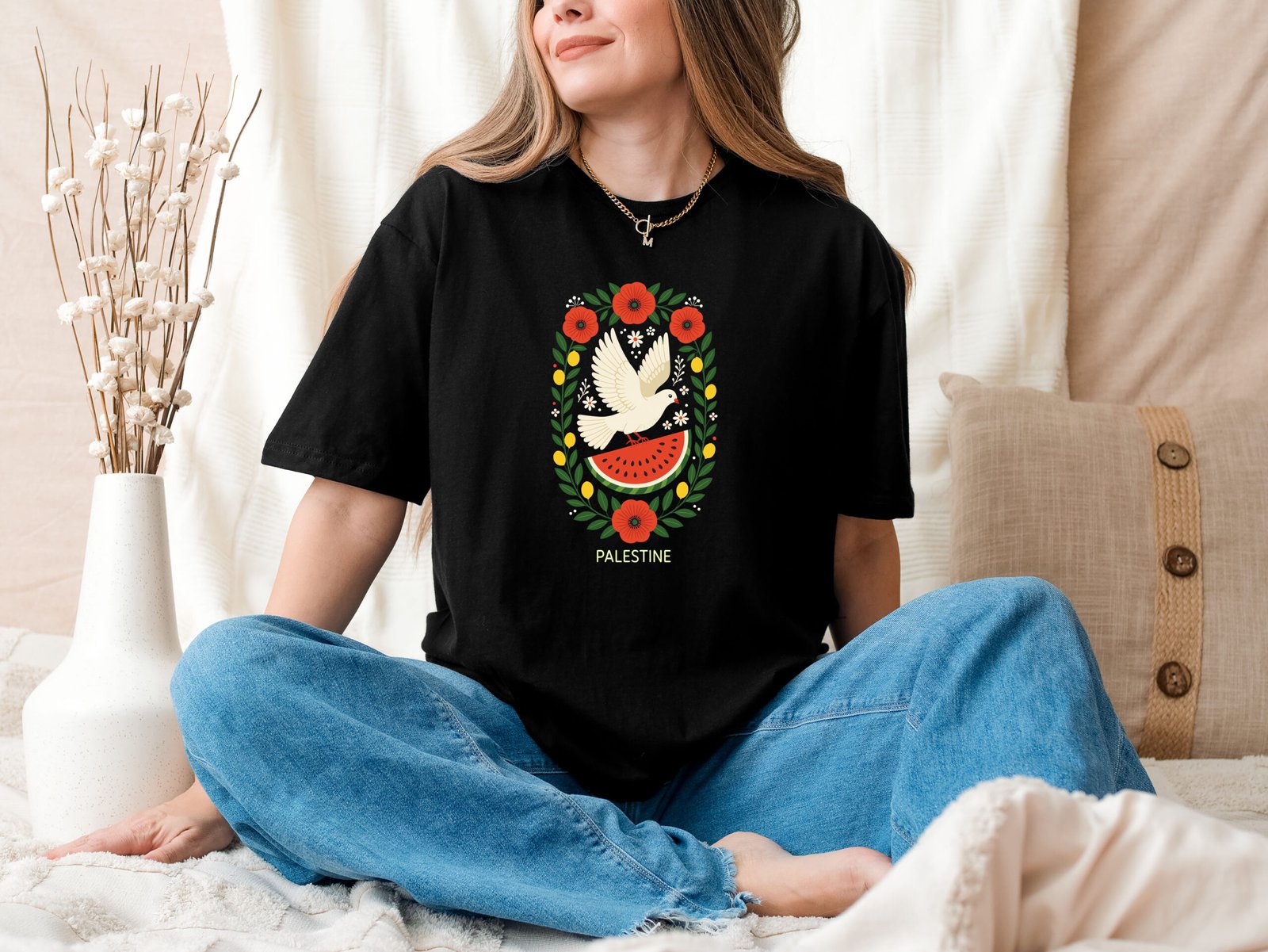 Peaceful Palestine T-Shirt, Support Palestine Shirt, Poppy Olive Dove Floral Tee, Unisex Peace Symbol Top - Image 4