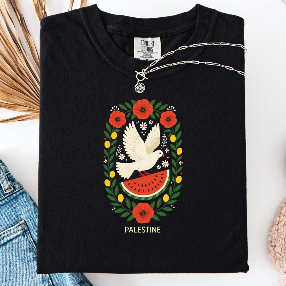 Peaceful Palestine T-Shirt, Support Palestine Shirt, Poppy Olive Dove Floral Tee, Unisex Peace Symbol Top