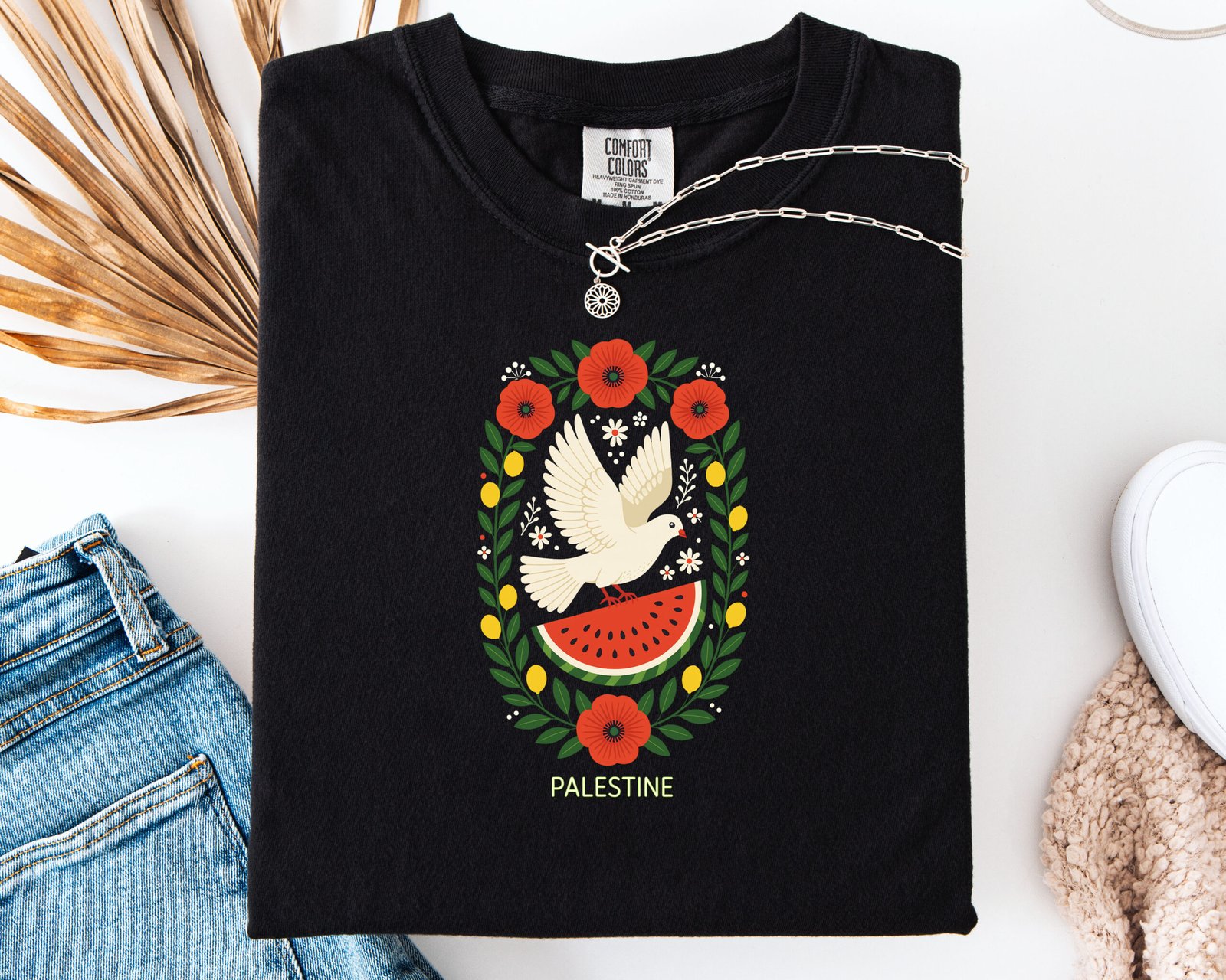 Peaceful Palestine T-Shirt, Support Palestine Shirt, Poppy Olive Dove Floral Tee, Unisex Peace Symbol Top