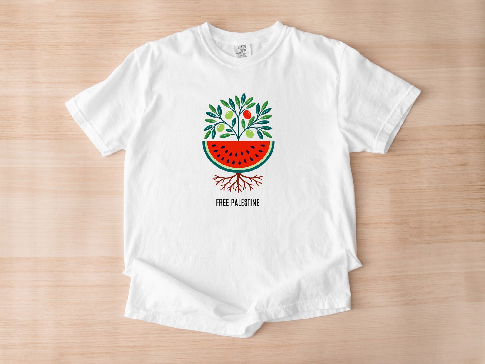 Free Palestine T-Shirt | Olive Branch, Watermelon & Tree Design | Unisex Support Palestine Tee | Peace and Freedom Solidarity Shirt - Image 2