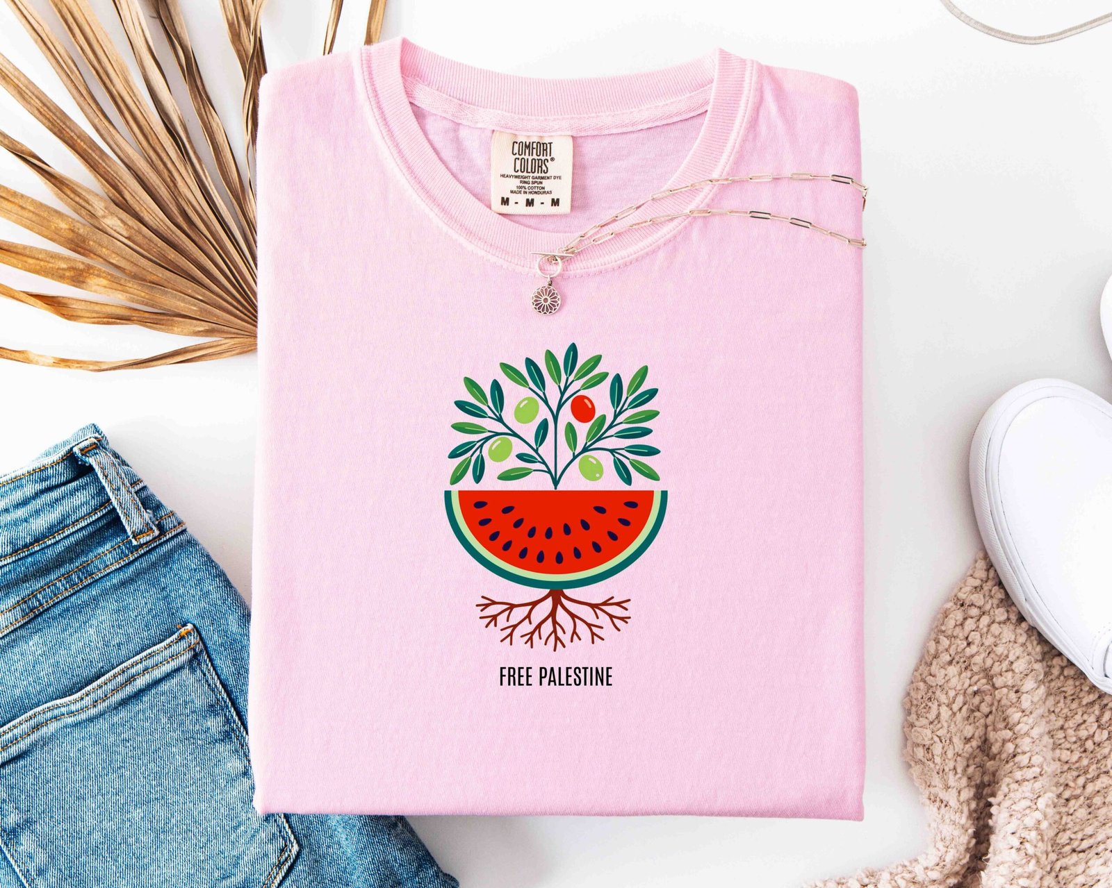 Free Palestine T-Shirt | Olive Branch, Watermelon & Tree Design | Unisex Support Palestine Tee | Peace and Freedom Solidarity Shirt - Image 3