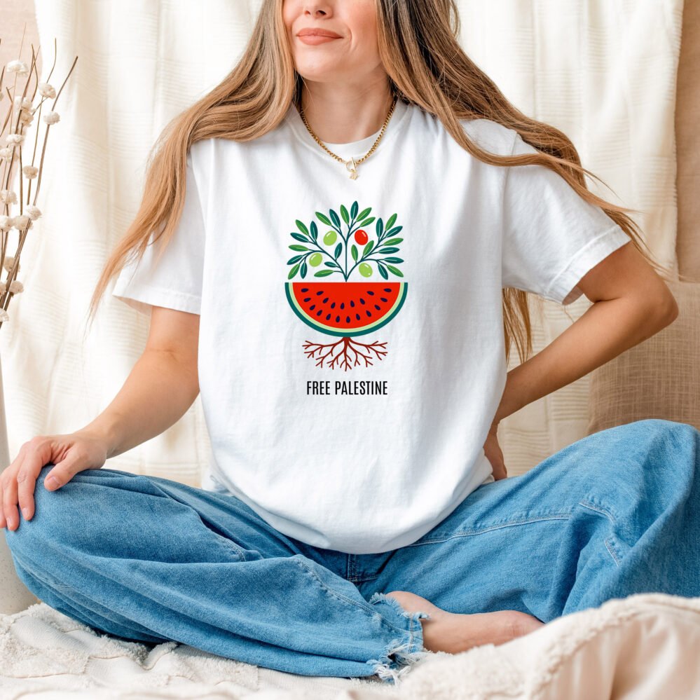 Free Palestine T-Shirt | Olive Branch, Watermelon & Tree Design | Unisex Support Palestine Tee | Peace and Freedom Solidarity Shirt