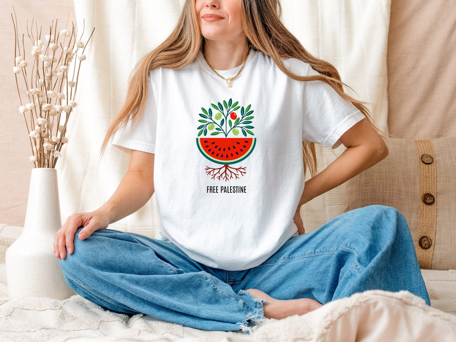 Free Palestine T-Shirt | Olive Branch, Watermelon & Tree Design | Unisex Support Palestine Tee | Peace and Freedom Solidarity Shirt