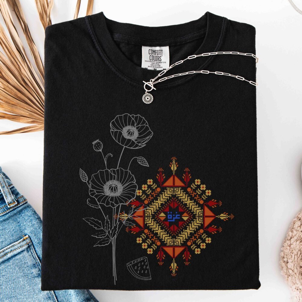 Free Gaza printed T-Shirt,Poppy Flower,Tatreez Motif Inspired Design,Watermelon Symbol,Unisex Support Palestine Tee | Pro Gaza Solidarity t