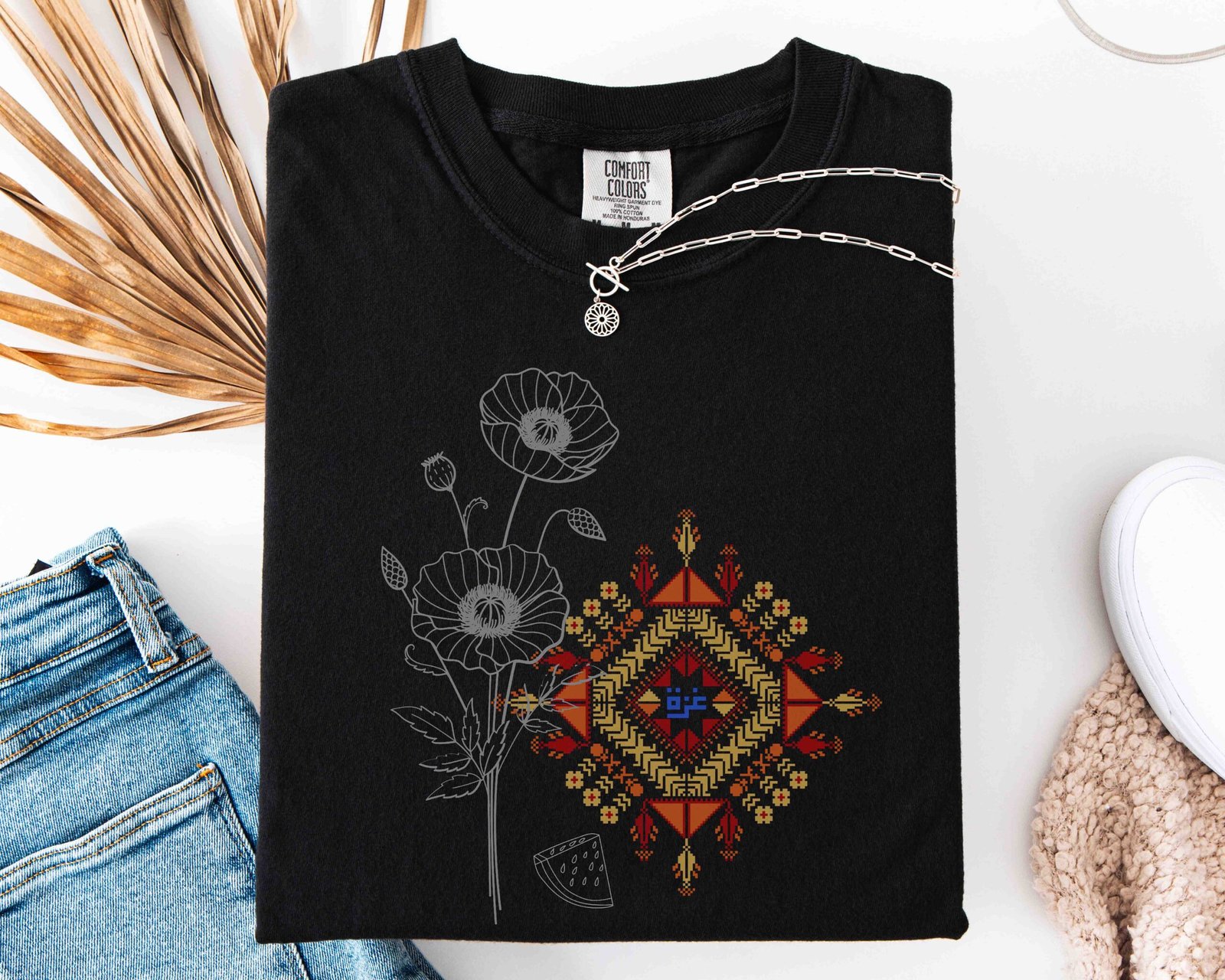 Free Gaza printed T-Shirt,Poppy Flower,Tatreez Motif Inspired Design,Watermelon Symbol,Unisex Support Palestine Tee | Pro Gaza Solidarity t